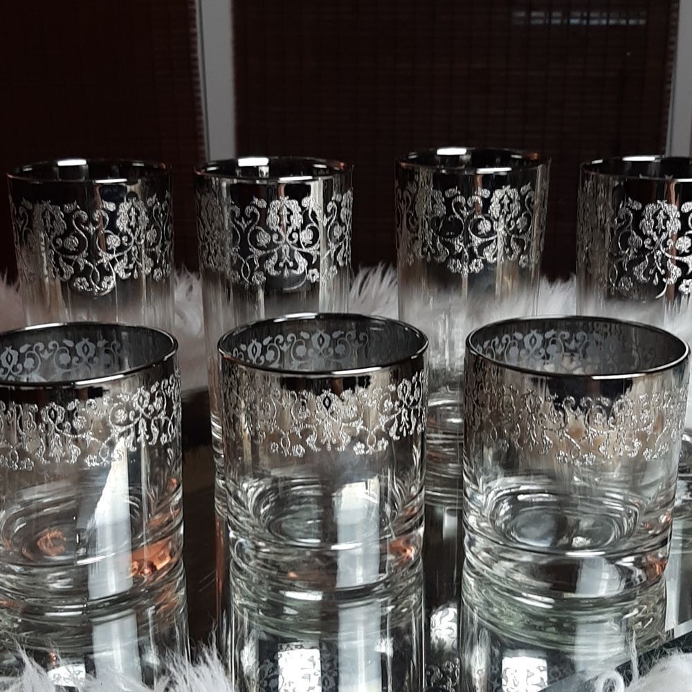 VINTAGE CRYSTAL‎ Blown  Engraved Silver Glass Set  7 pieces 4 / 12oz / 3 4 oz